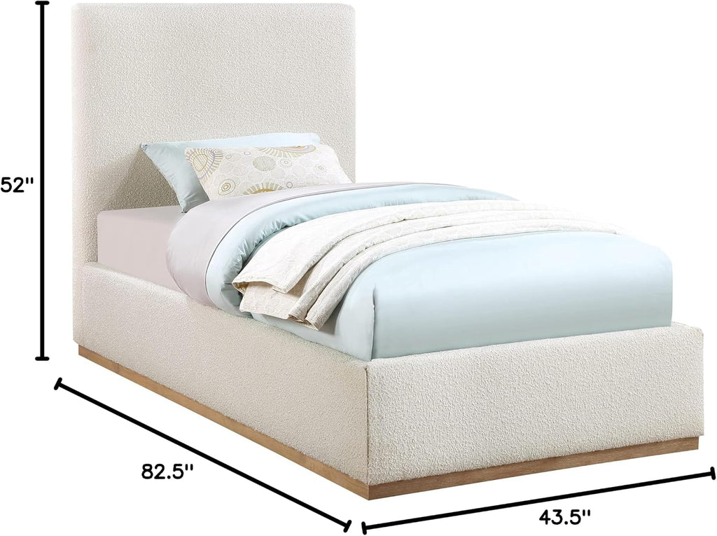 Meridian Furniture MonacoCream-T Monaco Collection Modern | Contemporary Boucle Fabric Upholstered Twin Bed withSolid Wood Natural Wire Brush Finish, 43.5' W x 82.5' D x 52' H, Cream, Twin