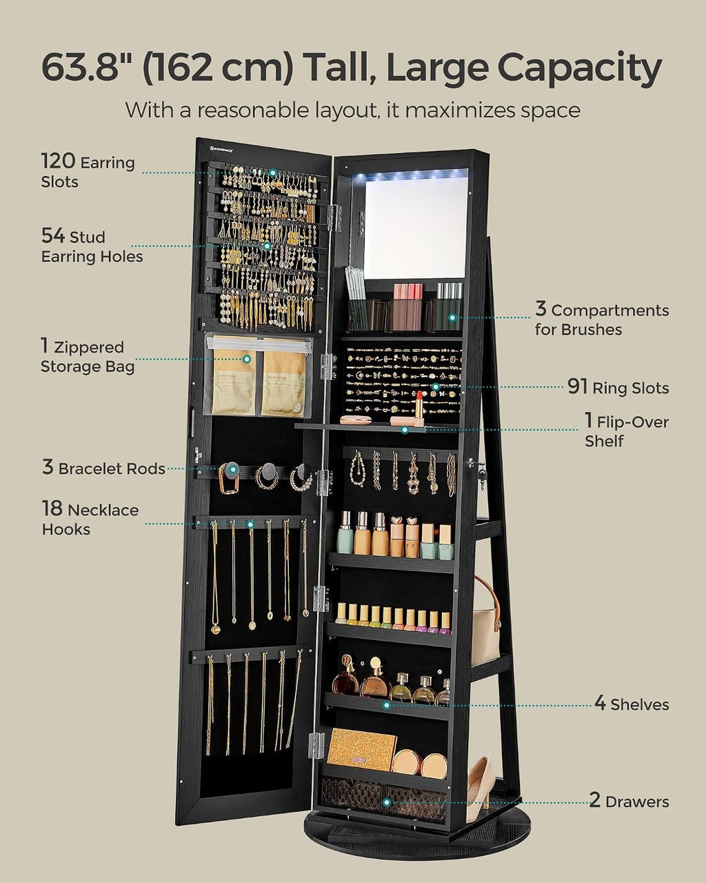 SONGMICS 6 LEDs Lockable Mirror Jewelry Cabinet, 360° Swivel Jewelry Organizer Armoire Standing, Frameless Full-Length Mirror, 3 Storage Shelves, Black Surface, Black Lining UJJC007B01