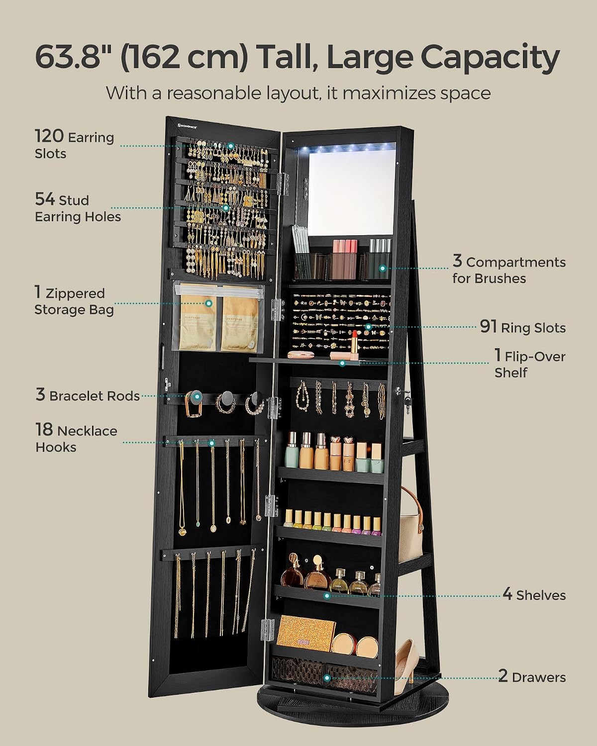 SONGMICS 6 LEDs Lockable Mirror Jewelry Cabinet, 360° Swivel Jewelry Organizer Armoire Standing, Frameless Full-Length Mirror, 3 Storage Shelves, Black Surface, Black Lining UJJC007B01
