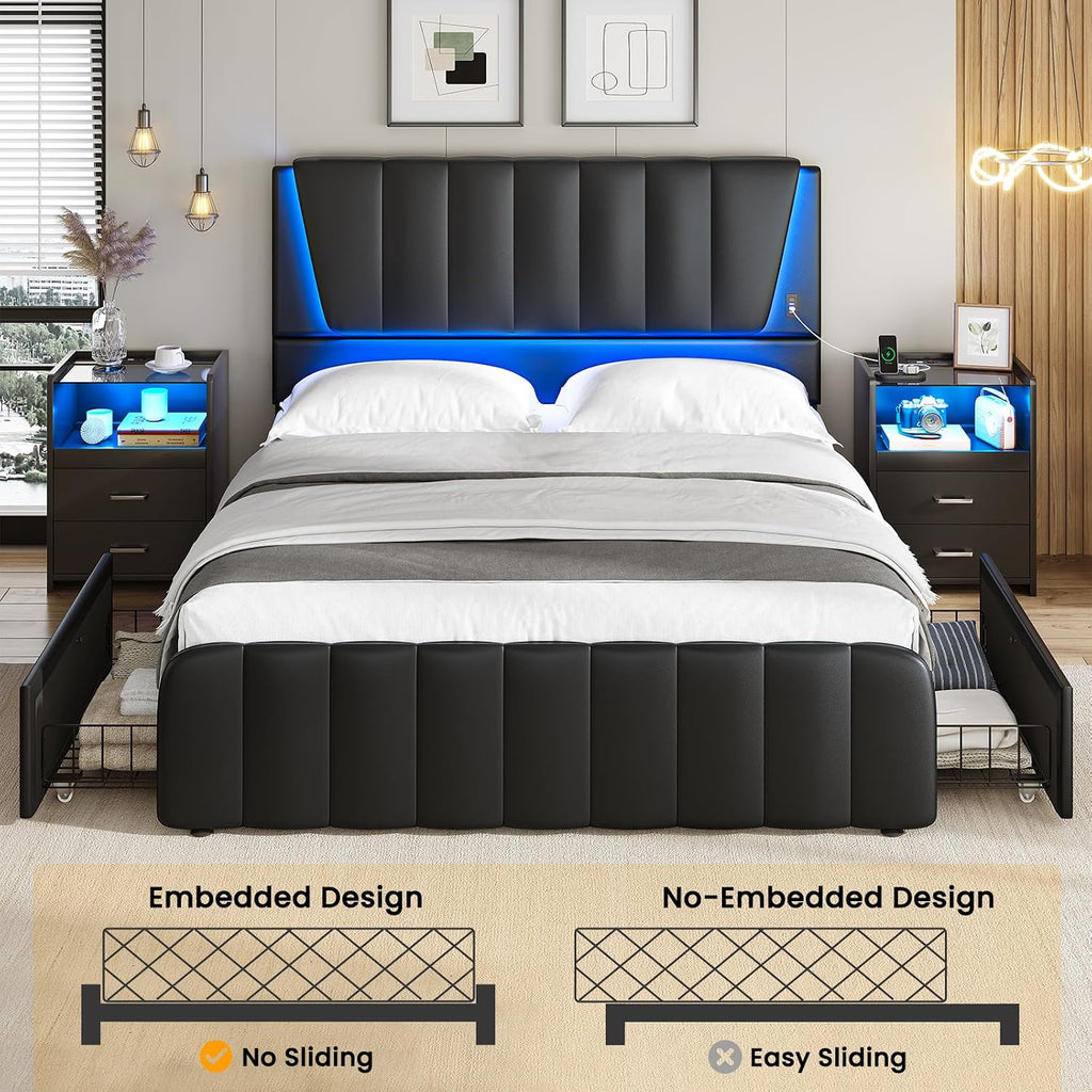 AOGLLATI Full Size Bed Frame with Headboard, 4 Storage Drawers, LED Lights, USB Ports, Wooden Slats Support, No Box Spring Needed