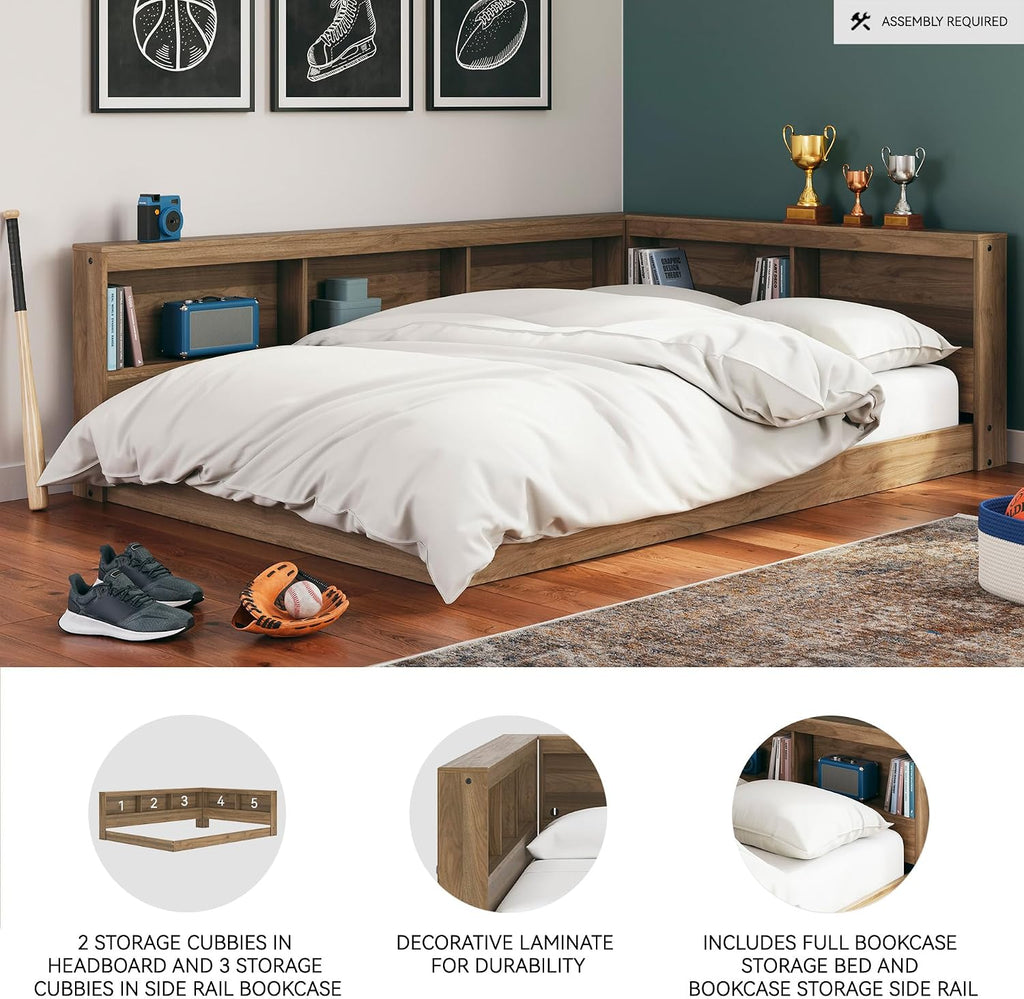 Signature Design by Ashley Deanlow Mid-Century Modern Full Bookcase Storage Floor Bed, No Foundation or Box Spring Needed, Wood, 26' High, Light Brown