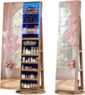 LVSOMT 360° Rotating Full Length Mirror Jewelry Cabinet with Sliding Door, LED Lighted Lockable Jewelry Armoire Organizer, Standing Up Mirror with Storage for Bedroom Dressing Room, Light Wood