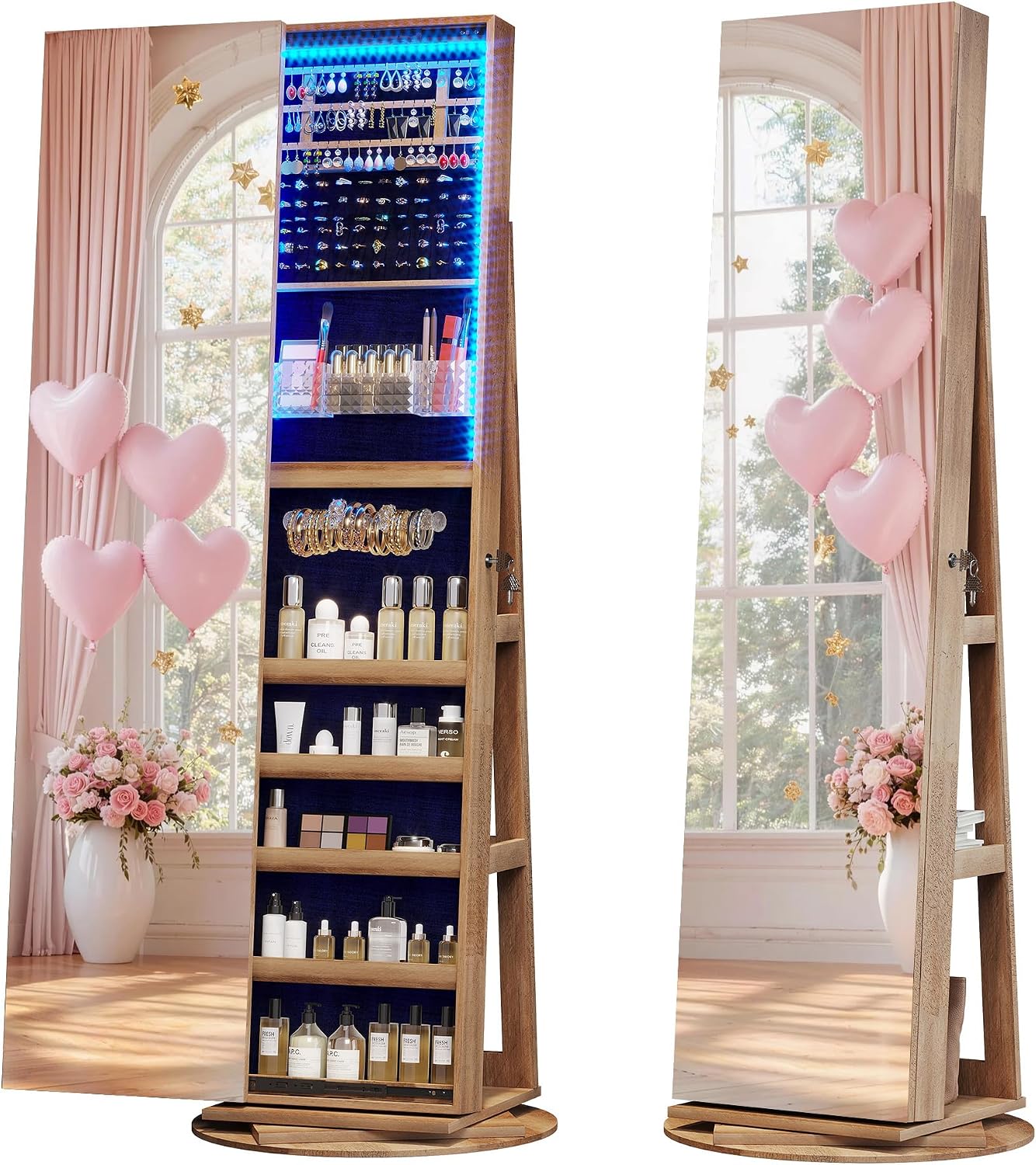 LVSOMT 360° Rotating Full Length Mirror Jewelry Cabinet with Sliding Door, LED Lighted Lockable Jewelry Armoire Organizer, Standing Up Mirror with Storage for Bedroom Dressing Room, Light Wood