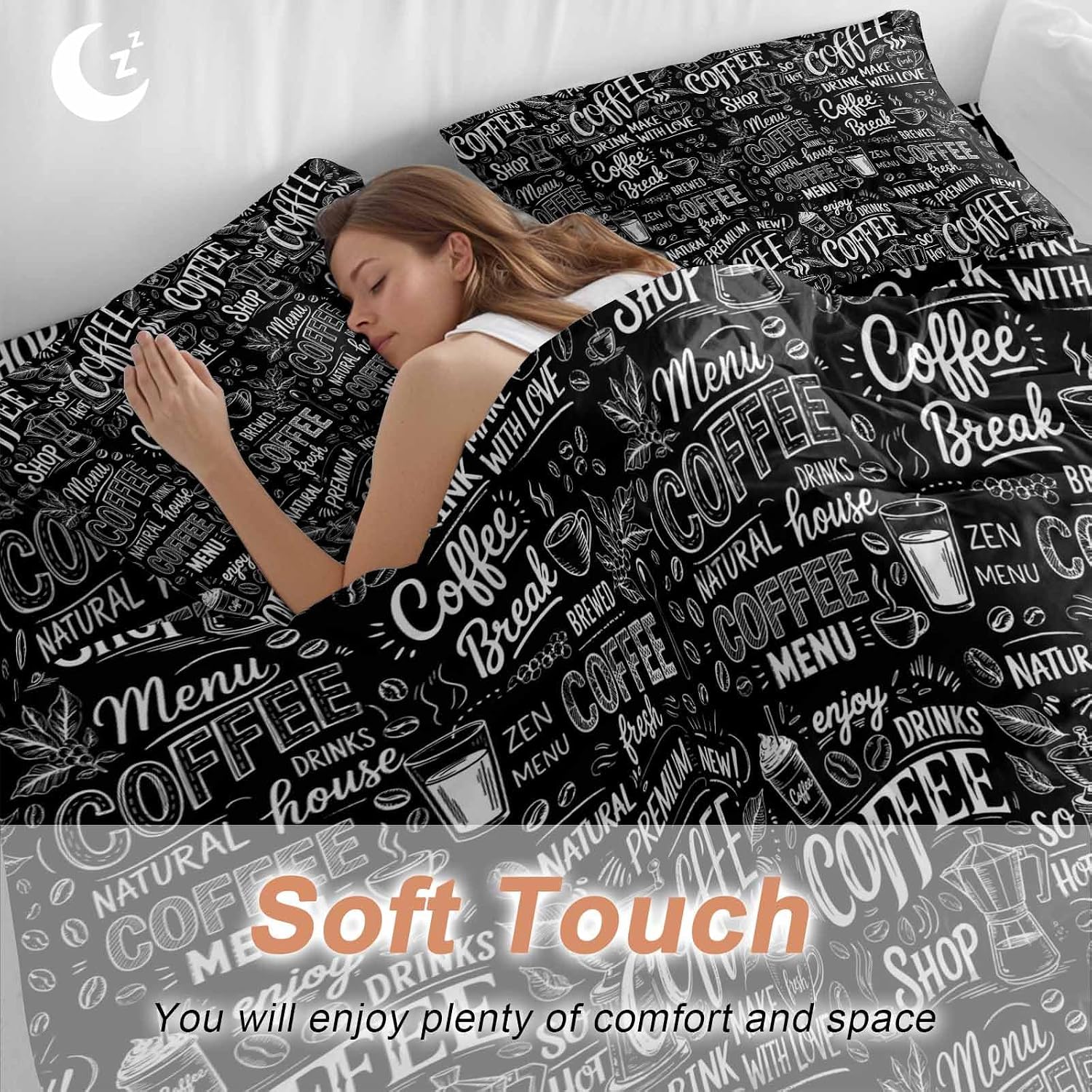 Black White Theme Duvet Cover Set Queen Size 4 Pieces Modern Bread Coffee Pot Milk Drink Minimalist Bedding Set with Zipper Closure, 1 Comforter Cover 90x92 Inches 1 Flat Sheet & 2 Pillow Cases