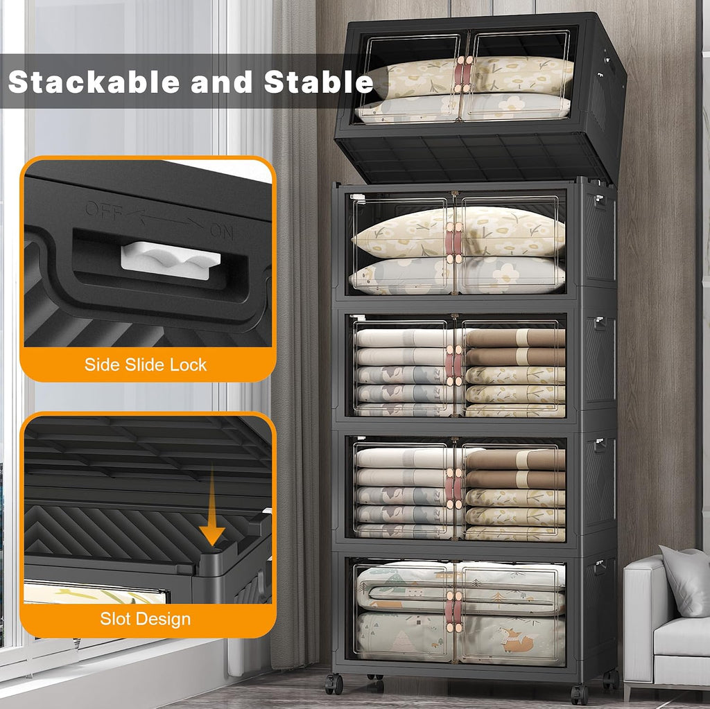 UAMFURI Stackable Storage Bins with Lids & Wheels & Door, Foldable Collapsible Closet Organizers, Extra Large Plastic Storage Drawers for Bedroom Dorm Office Garage (Dark-175QT, 5Pack with 2 top lid)