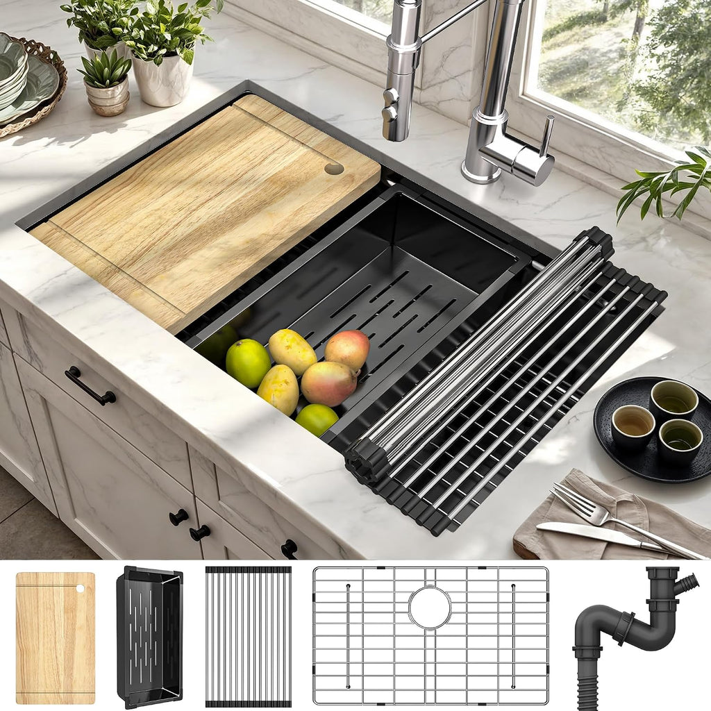 YITAHOME Kitchen Sink 16 Gauge Stainless Steel Drop-In Sinks, Nano Gunmetal Black Undermount Single Bowl Basin with Ledge and Accessories for Workstation, RV, Prep Kitchen, Bar Sink, 30 x 19 x 10 Inch