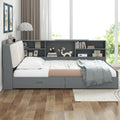 Wood Corner Bed Frame with Storage Upholstered Headboard,Bookcase and Drawers,Full Size Floor Platform Bed with Rotatable Storage Board & Slat Support,Grounded L Shape Sofa Bed for Dorm or Guests,Gray