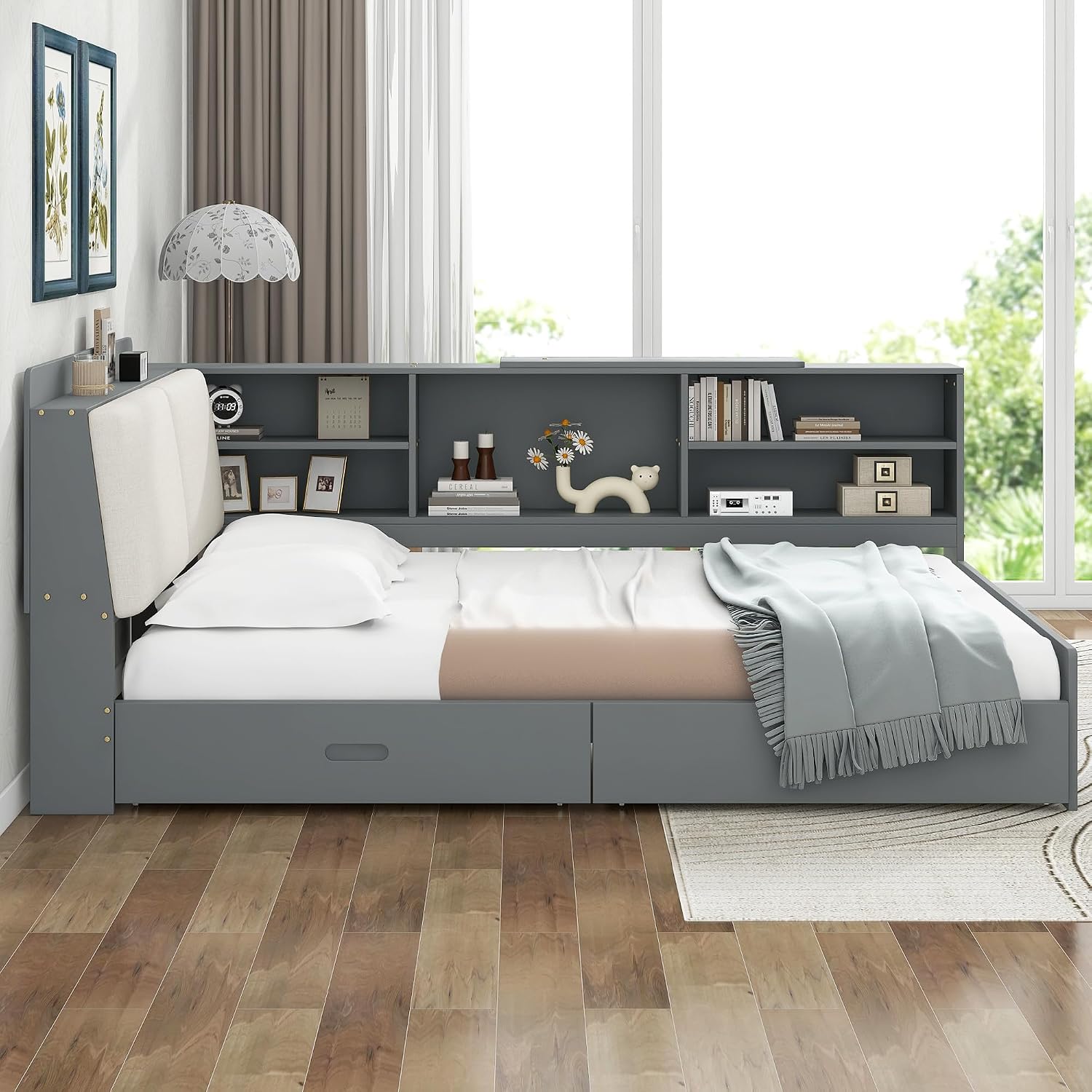 Wood Corner Bed Frame with Storage Upholstered Headboard,Bookcase and Drawers,Full Size Floor Platform Bed with Rotatable Storage Board & Slat Support,Grounded L Shape Sofa Bed for Dorm or Guests,Gray