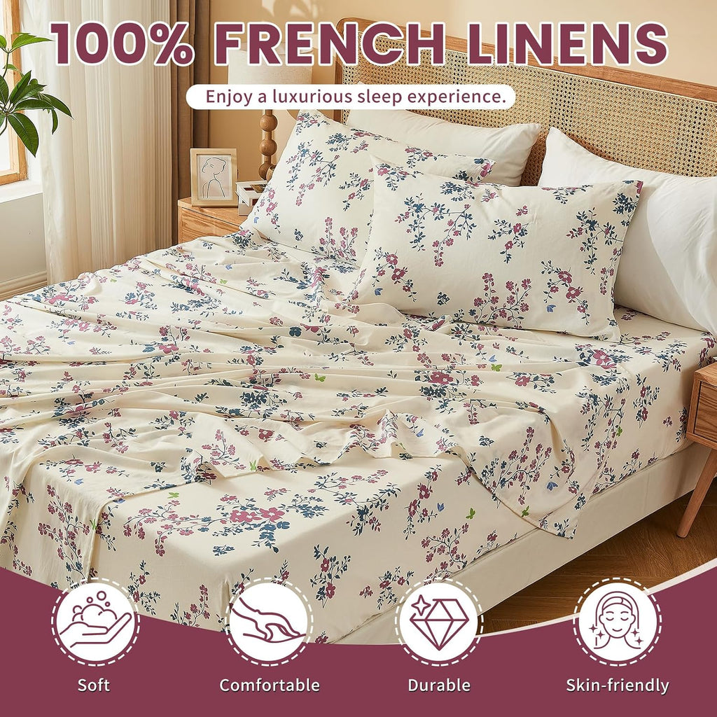 Bedlifes 100% French Linen Sheets Queen Size – Floral Printed, Botanical Pattern Breathable Cooling Sheet Set, 16' Deep Pocket, 4-Piece (Queen, Floral Red)