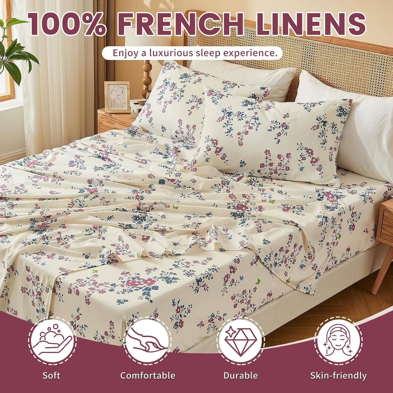 Bedlifes 100% French Linen Sheets Queen Size – Floral Printed, Botanical Pattern Breathable Cooling Sheet Set, 16' Deep Pocket, 4-Piece (Queen, Floral Red)