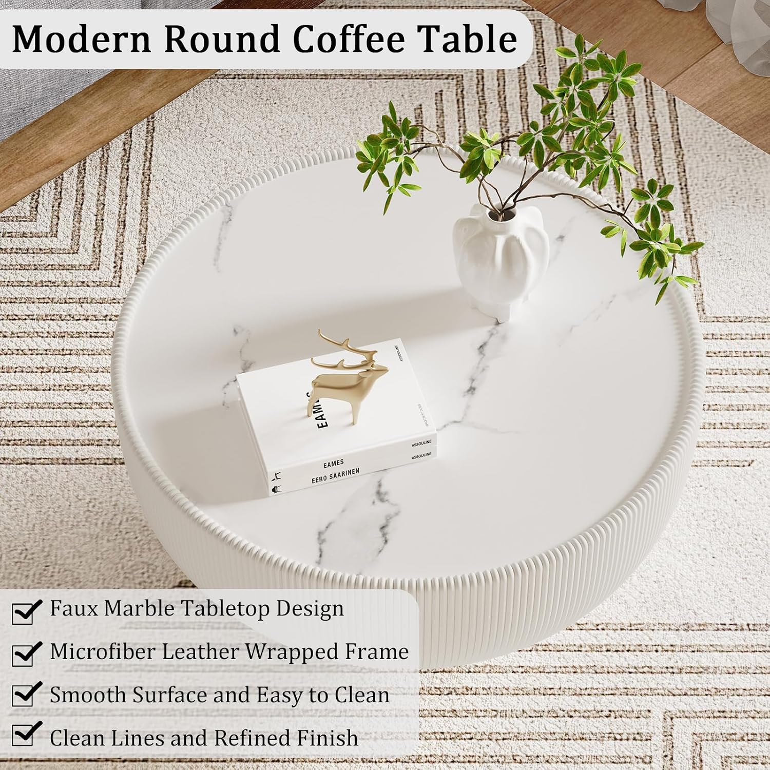 Round Living Room Table Set, 27.56' White Drum Center Table and 19.69' White Center Table Set, 2 Pieces Coffee Table Set with Sintered Stone Tabletop, Fluted PU Leather Covered and Metal Base