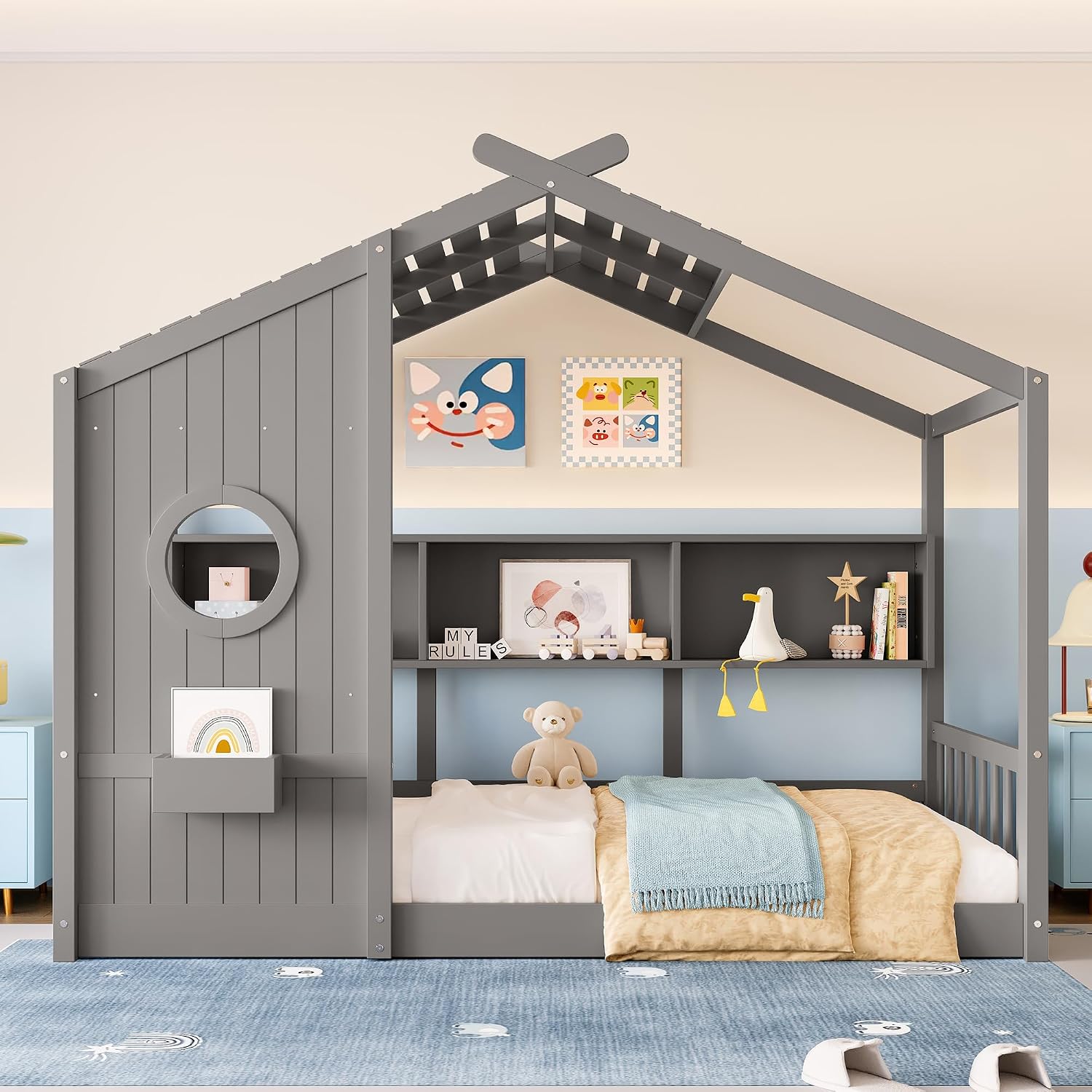Merax Wood Floor House Bed with Storage Shelves, Twin Size Low Day Bed with Headboard & Wood Slat Support, No Box Spring Needed, Gray