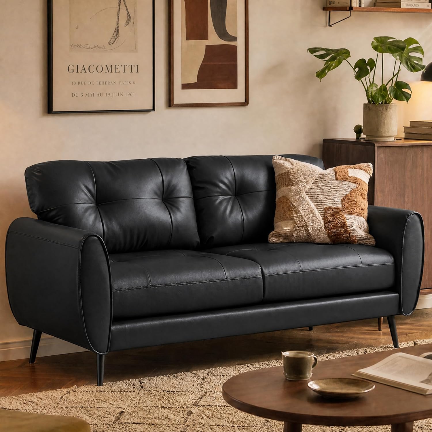 TYBOATLE Sofa Couch 61' Small Loveseat Couches for Living Room, Black Faux Leather Couch Mid Century Modern Tufted Mini Sofa Comfy Office 2 Seat Settee Love Seat Couches for Small Spaces Bedroom