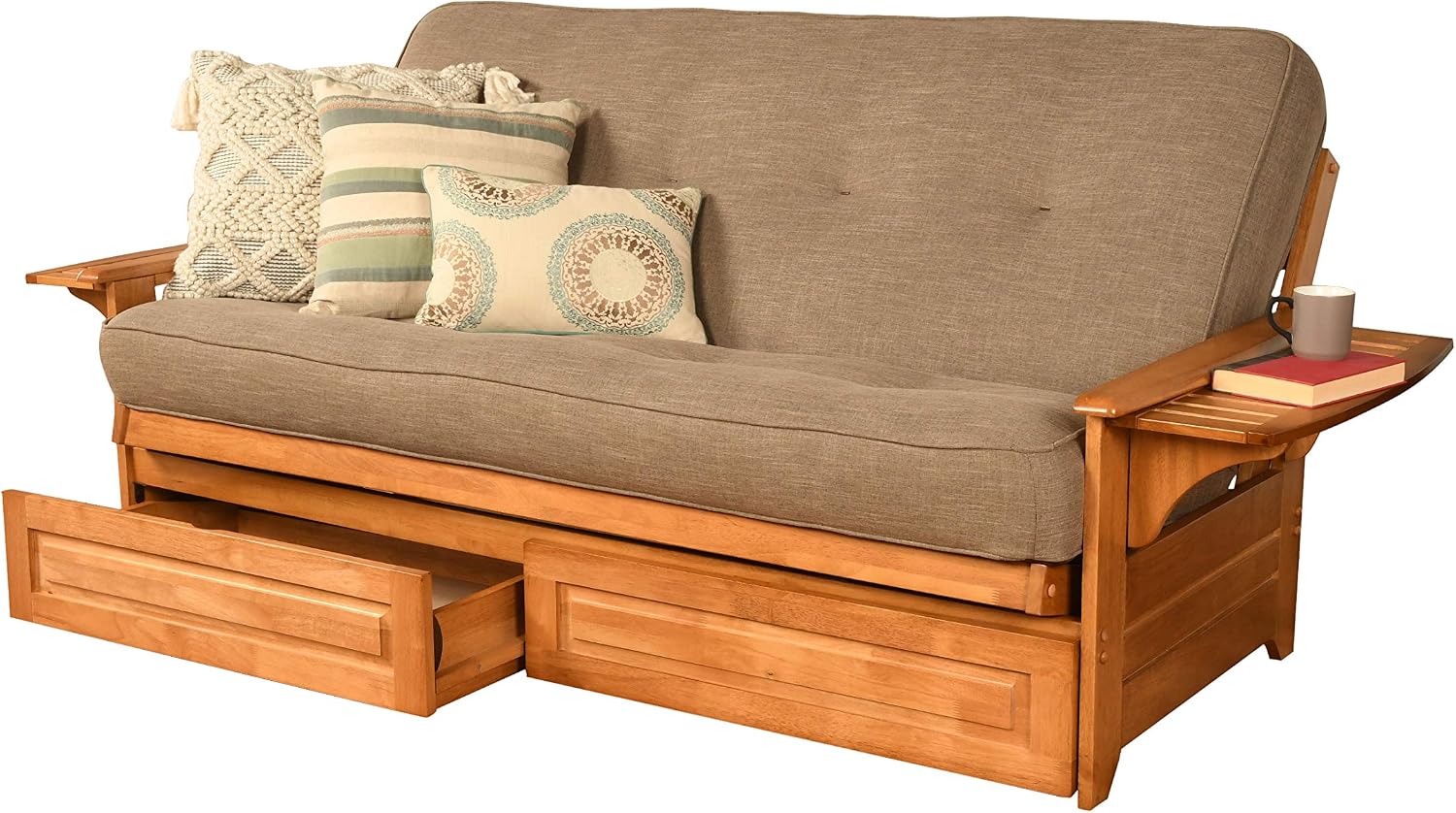 Kodiak Furniture Phoenix Full Size Futon in Butternut Finish with Storage Drawers, Linen Stone