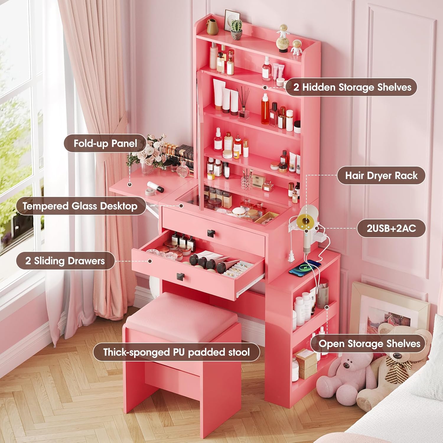 Vabches Small Makeup Vanity Desk, 3 Adjustable Lighted Mirror, White Vanity Set, Fold-up Panel, Charging Station, Glass Top, Drawers, Chair, 2 Hidden Storage Shelves (Pink)