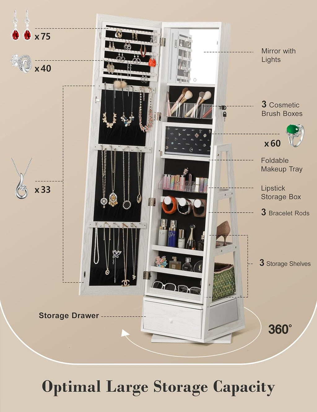 Nicetree 360° Swivel Jewelry Cabinet with Lights, Touch Screen Vanity Mirror, Rotatable Full Length Mirror with Jewelry Storage, Standing Jewelry Armoire Organizer, Foldable Makeup Shelf, Pure White