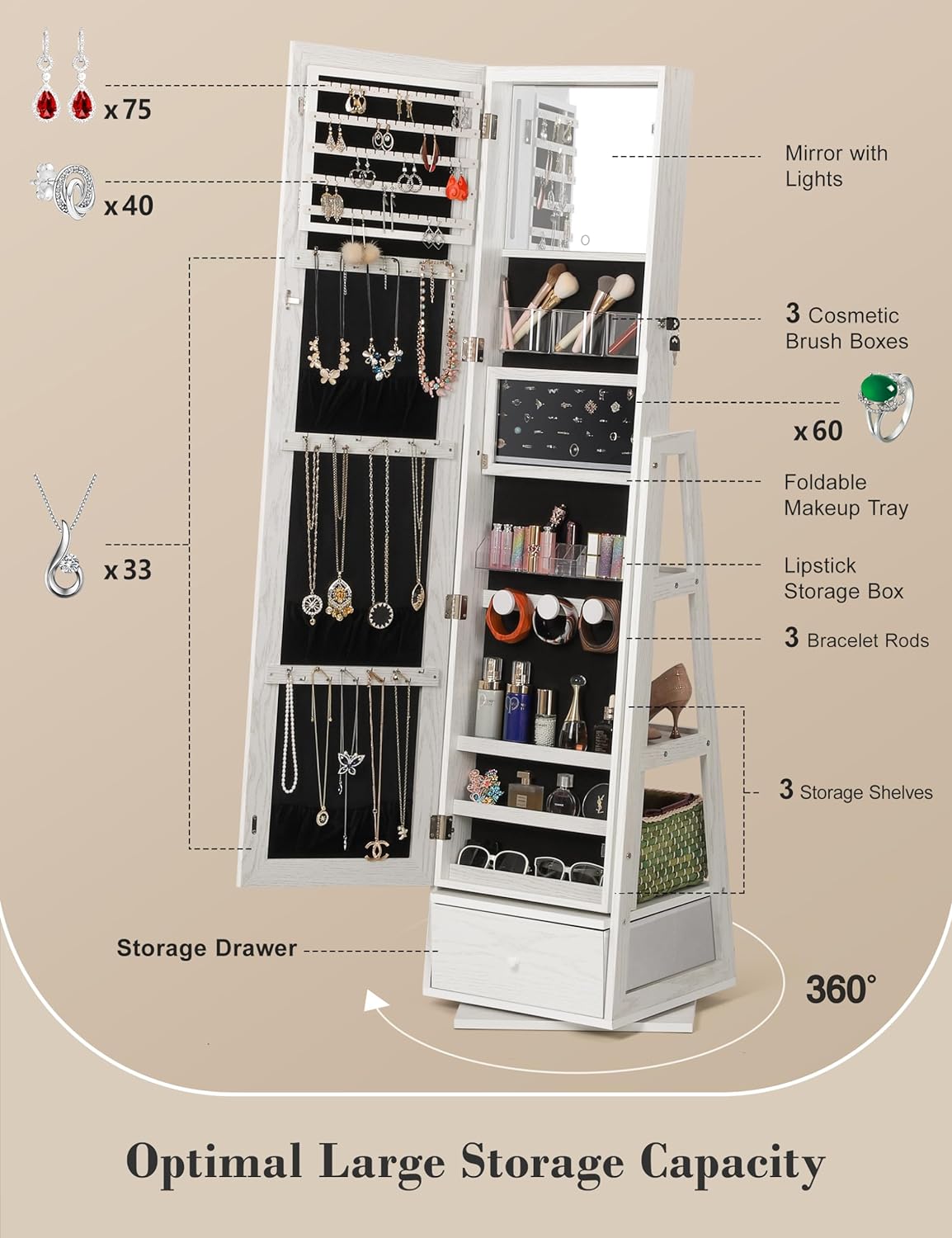 Nicetree 360° Swivel Jewelry Cabinet with Lights, Touch Screen Vanity Mirror, Rotatable Full Length Mirror with Jewelry Storage, Standing Jewelry Armoire Organizer, Foldable Makeup Shelf, Pure White