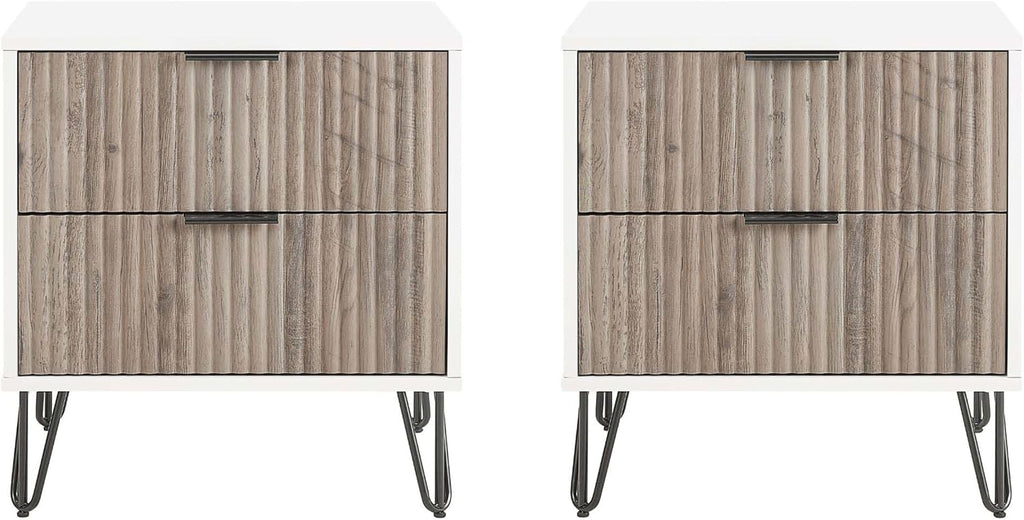 Manhattan Comfort Dumbo Modern Nightstand 2.0 with 2 Drawer & Metal Feet | Splayed Gold Legs | Vertical Ribbed Design | No Tool Assembly Storage for Bedroom, Set of 2, Set of 2, White and Rustic Grey