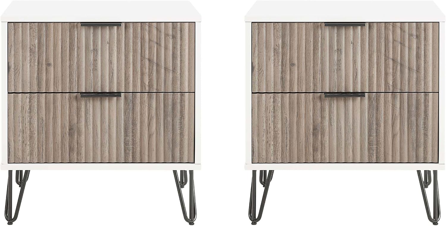 Manhattan Comfort Dumbo Modern Nightstand 2.0 with 2 Drawer & Metal Feet | Splayed Gold Legs | Vertical Ribbed Design | No Tool Assembly Storage for Bedroom, Set of 2, Set of 2, White and Rustic Grey