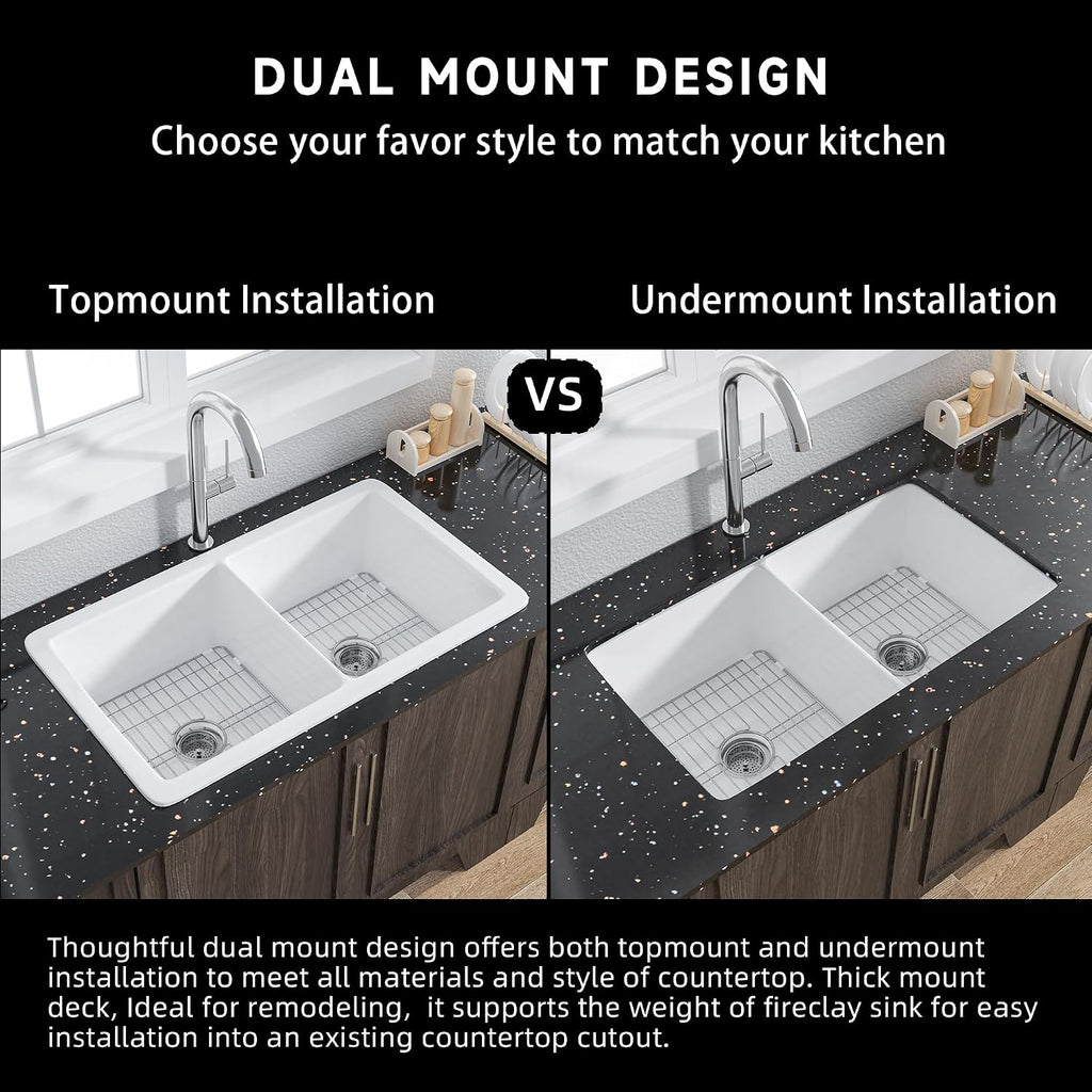 Miuara White Undermount Kitchen Sink 32 Inch Double Bowl 50/50 - Topmount Fireclay Drop In Sink 32'x19'x10', Dual Mount, Heavy Duty Dual Basin, with 4 Custom Accessories, Glossy White, for Kitchen