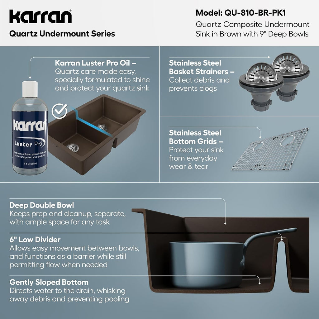 Karran QU-810 32' Undermount Double Equal Bowl Quartz Kitchen Sink Kit in Brown