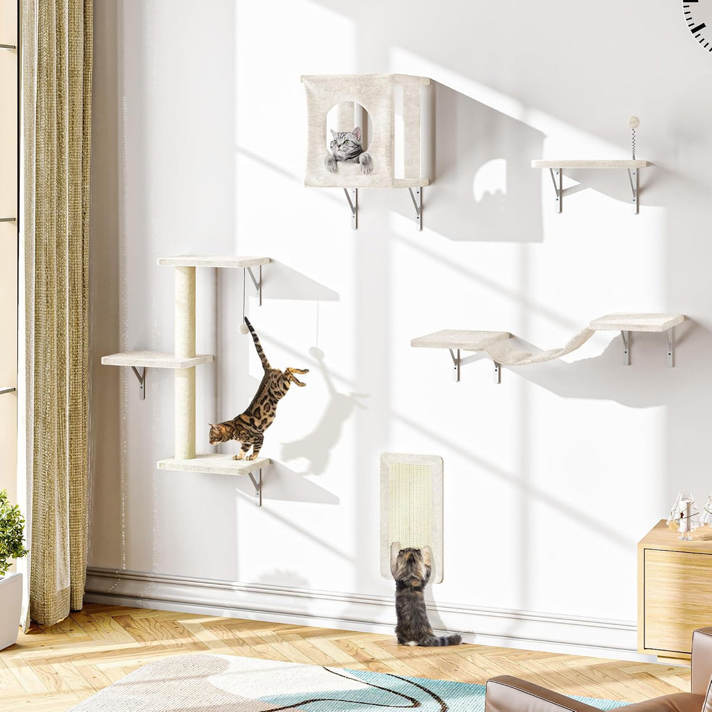 NUNU LAB Cat Wall Shelves, 10-in-1 Wall-Mounted Cat Furniture Set, Large Cat Climber Set with House, Bridge, Steps, Scratcher, DIY Playground, Shelves for Indoor Wall Furniture Set, Beige