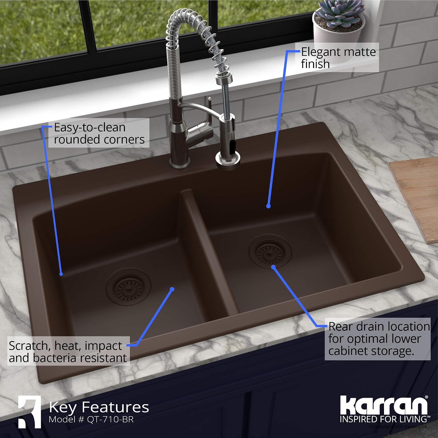 Karran QT-710 33 Inch Top Mount Double Bowl Kitchen Sink, 50/50 Low Divide Quartz Composite Drop-In Sink, Rear Drain, Heat and Scratch Resistant, Brown