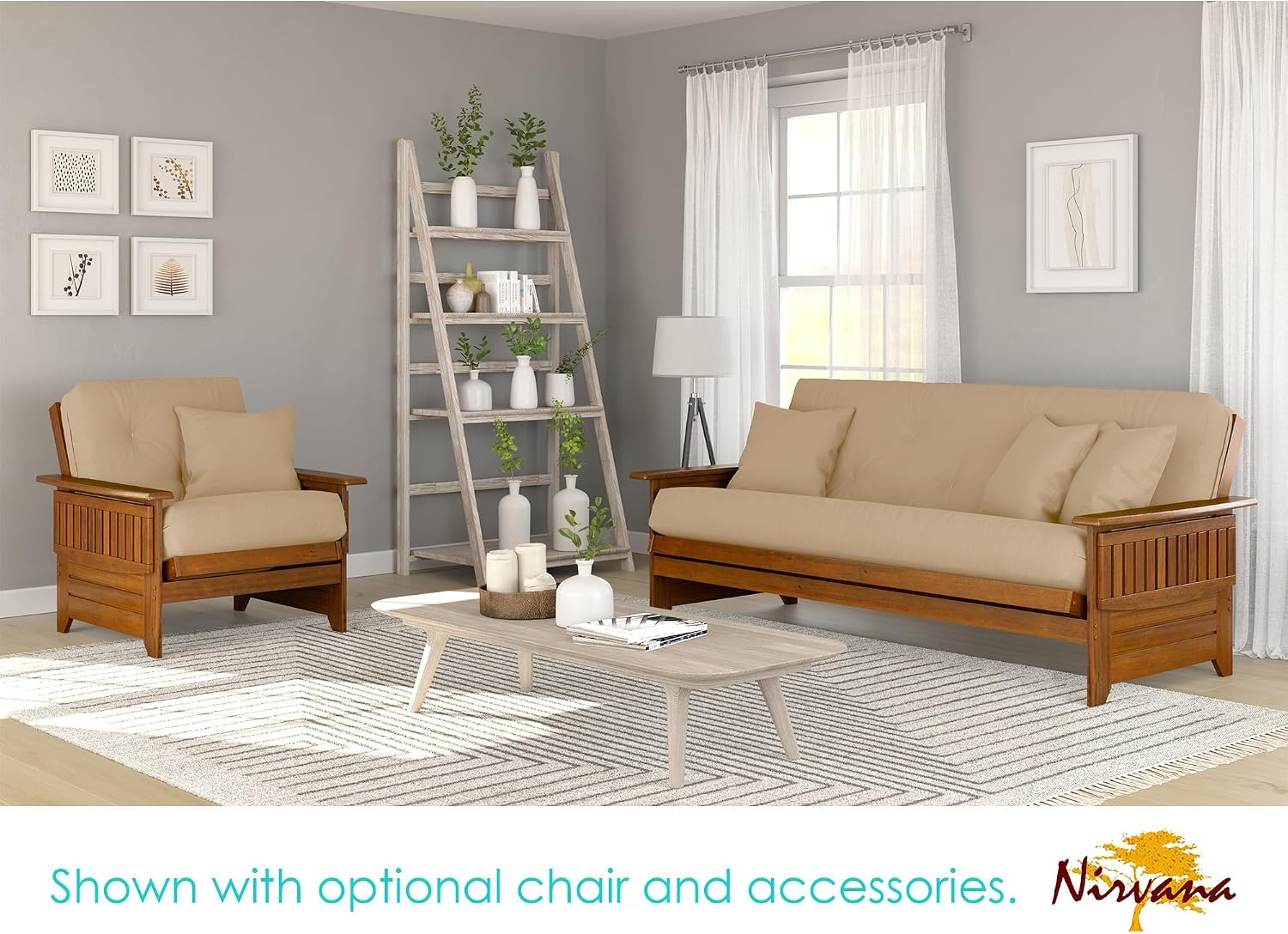 Nirvana Futons Brentwood Tray Arm Futon Frame, Drawers, and Microfiber Khaki Mattress Set - Full, Heritage Finish