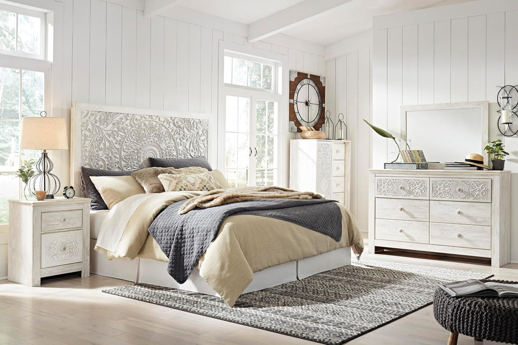 Signature Design by Ashley Paxberry Boho 5 Drawer Dressing Chest with Slider Door & 3 Adjustable Shelves, Whitewash