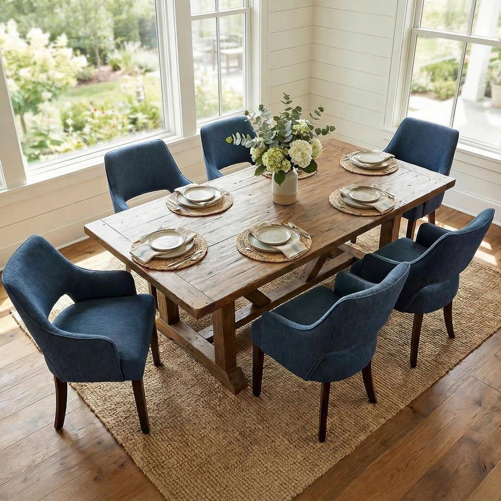 Upholstered Dining Chairs with Arms Set of 6, Linen Fabric Soft Padded Dining Room Chairs, Solid Wood Kitchen Armchairs for Kitchen/Dining/Living Room, Blue