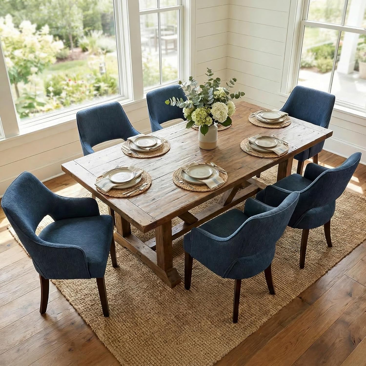 Upholstered Dining Chairs with Arms Set of 6, Linen Fabric Soft Padded Dining Room Chairs, Solid Wood Kitchen Armchairs for Kitchen/Dining/Living Room, Blue