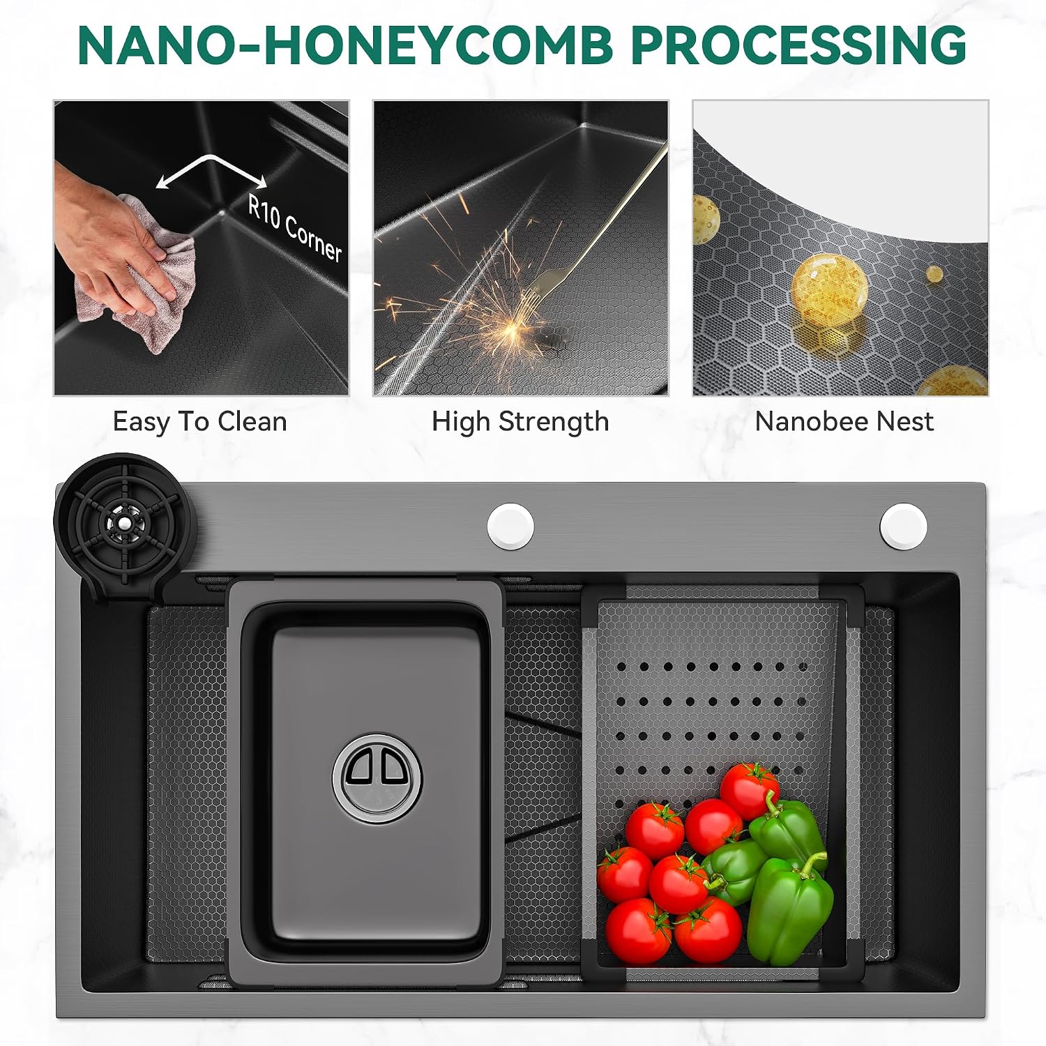 YITAHOME Drop in Kitchen Sink Workstation 30 Inch, Topmount Stainless Steel Nano Gunmetal Black Sink w/Glass Rinser, Cutting Board, Handmade Single Bowl Sink with Accessories 30 x 18 x 10in