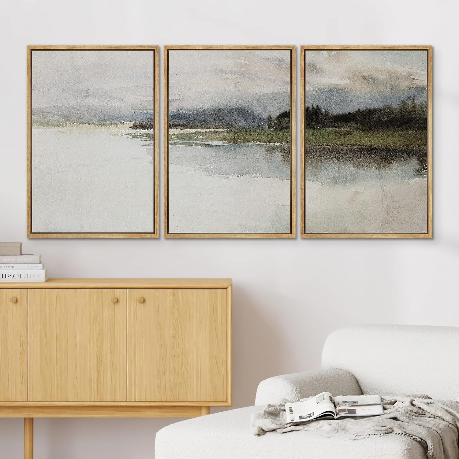SIGNWIN Framed Canvas Print Wall Art Set Tranquil Waterscape Serene Lake Calming Watercolor Scenery Illustrations Modern Colorful Ultra for Living Room, Bedroom, Office - 24'x36'x3 Natural