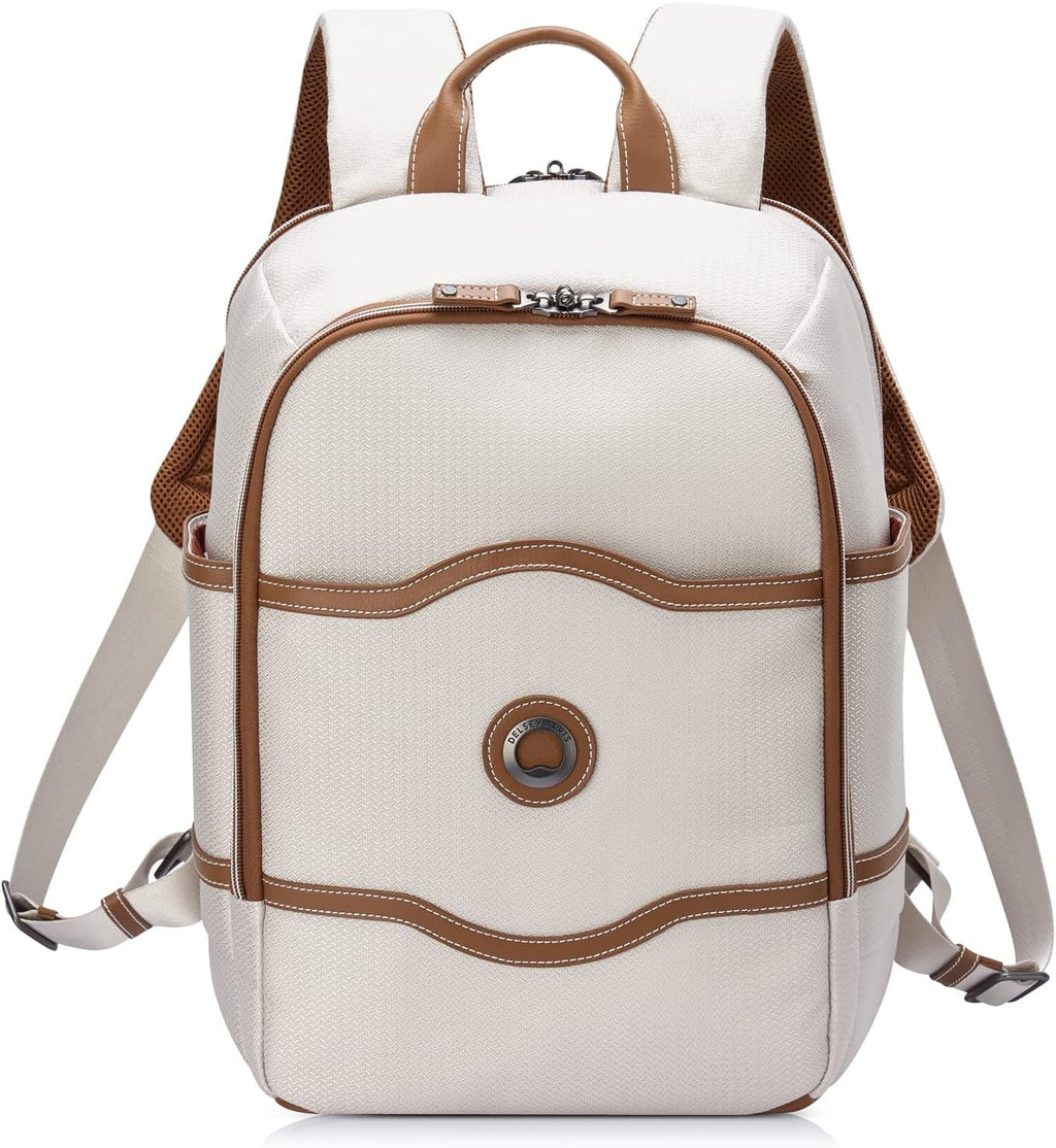 DELSEY PARIS Chatelet Air 2.0 - Travel Laptop Backpack - Fits 14' Laptop - Water-Repellent Recycled Fabric Backpack - Vegan Leather Trim - Smart Trolley Band, Angora