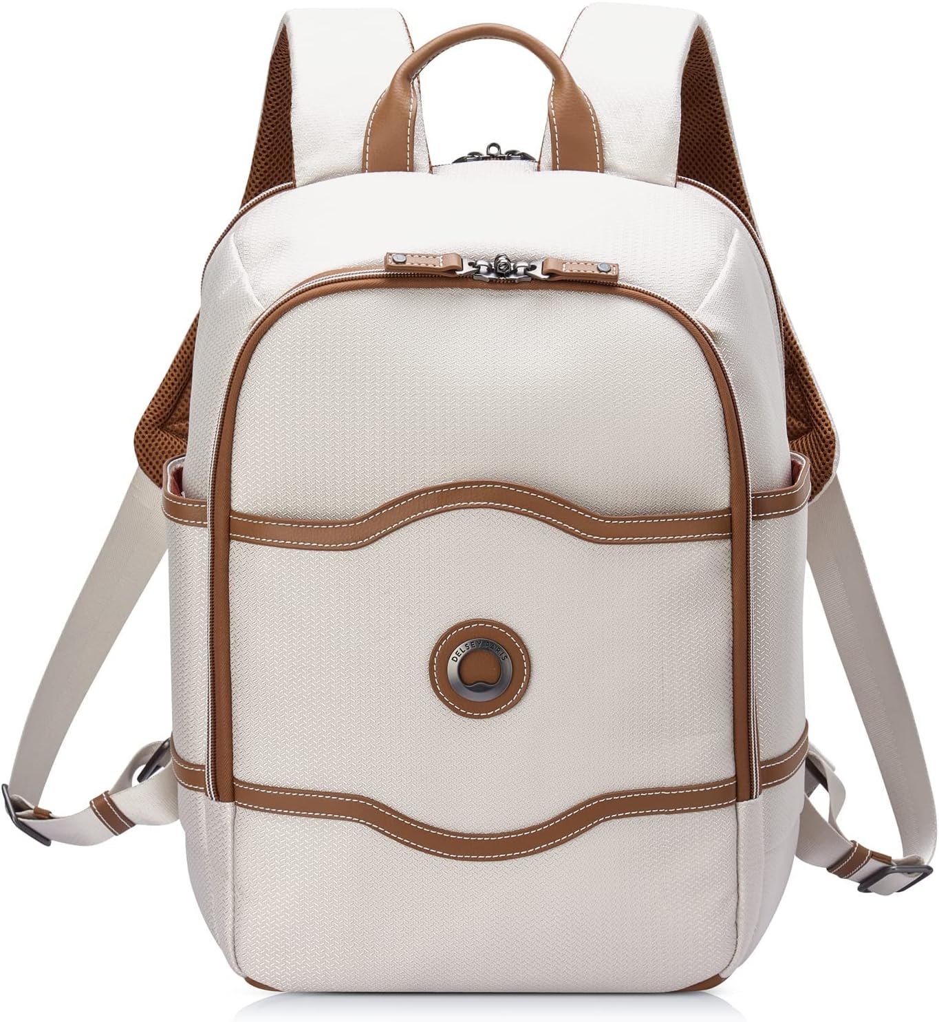 DELSEY PARIS Chatelet Air 2.0 - Travel Laptop Backpack - Fits 14' Laptop - Water-Repellent Recycled Fabric Backpack - Vegan Leather Trim - Smart Trolley Band, Angora