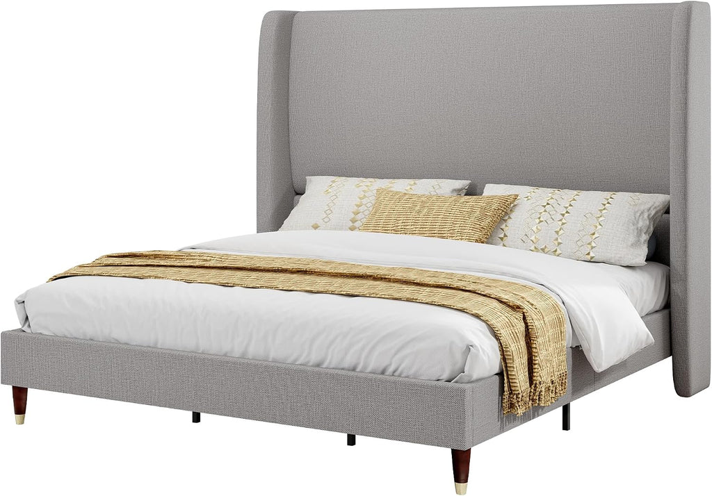PaPaJet King Bed Frame with 51.2' Tall Wingback Headboard,Line Upholstered Platform Bed,Solid Wood Legs,No Box Spring Needed,Noise-Free&Easy Assembly,for Master Bedroom & Luxury Home,Light Grey