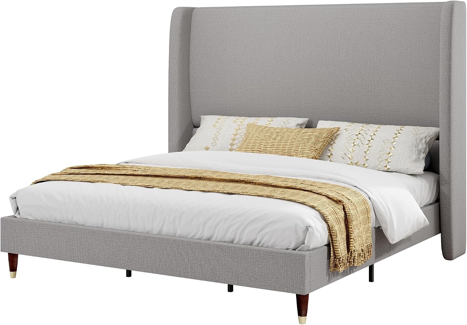 PaPaJet King Bed Frame with 51.2' Tall Wingback Headboard,Line Upholstered Platform Bed,Solid Wood Legs,No Box Spring Needed,Noise-Free&Easy Assembly,for Master Bedroom & Luxury Home,Light Grey