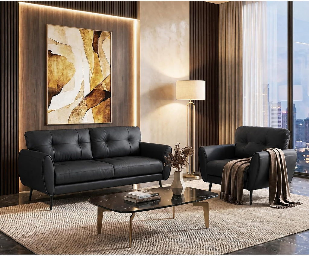 TYBOATLE Sofa Couch 61' Small Loveseat Couches for Living Room Leather Couch Mid Century Modern Tufted Mini Sofa Comfy Office 2 Seat Settee Love Seat for Small Spaces Bedroom (2, Black)