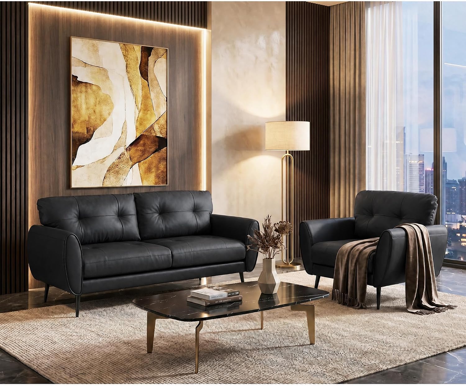TYBOATLE Sofa Couch 61' Small Loveseat Couches for Living Room Leather Couch Mid Century Modern Tufted Mini Sofa Comfy Office 2 Seat Settee Love Seat for Small Spaces Bedroom (2, Black)