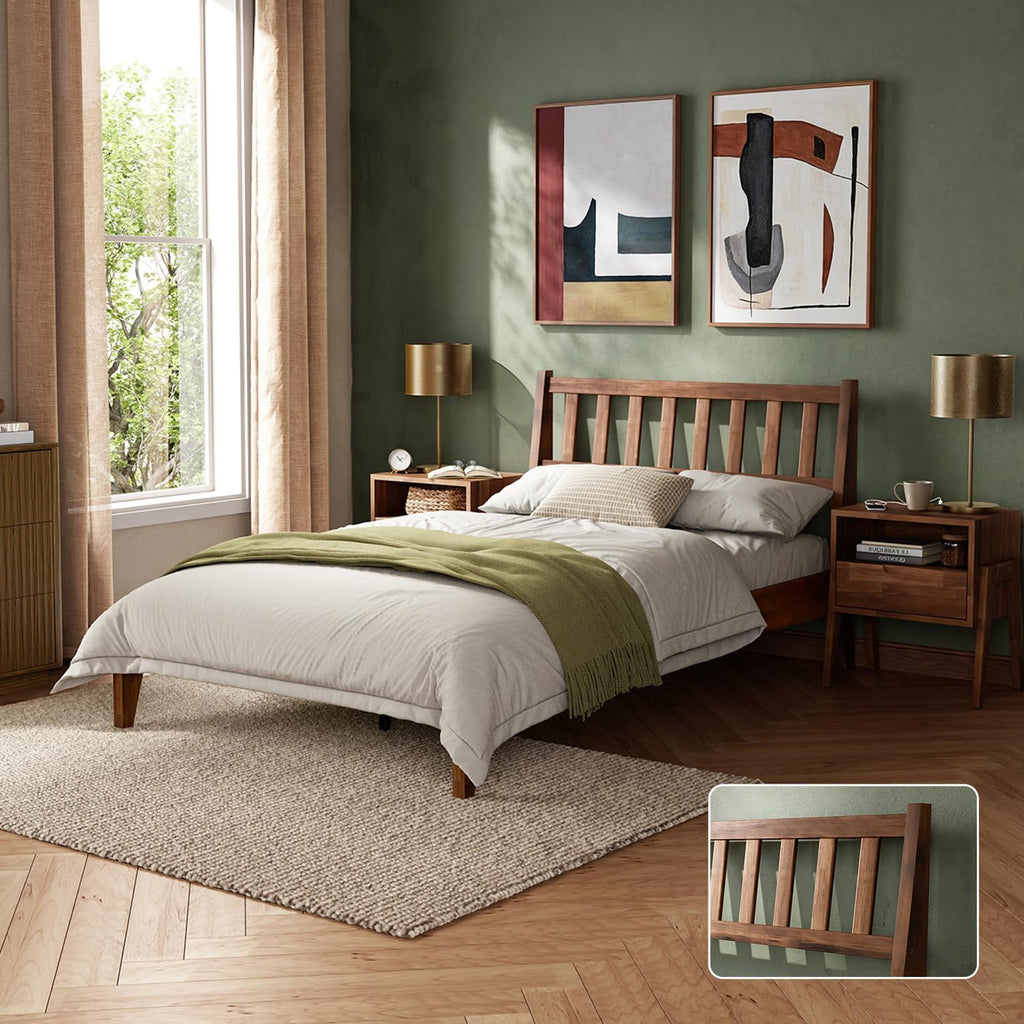 mopio Ted Bed Frame with Headboard, Mid Century Modern Acacia Solid Wood Platform Bed Frame, Wooden Slats, No Box Spring, Double Metal Bar Support (Solid Wood Slatted, Full)