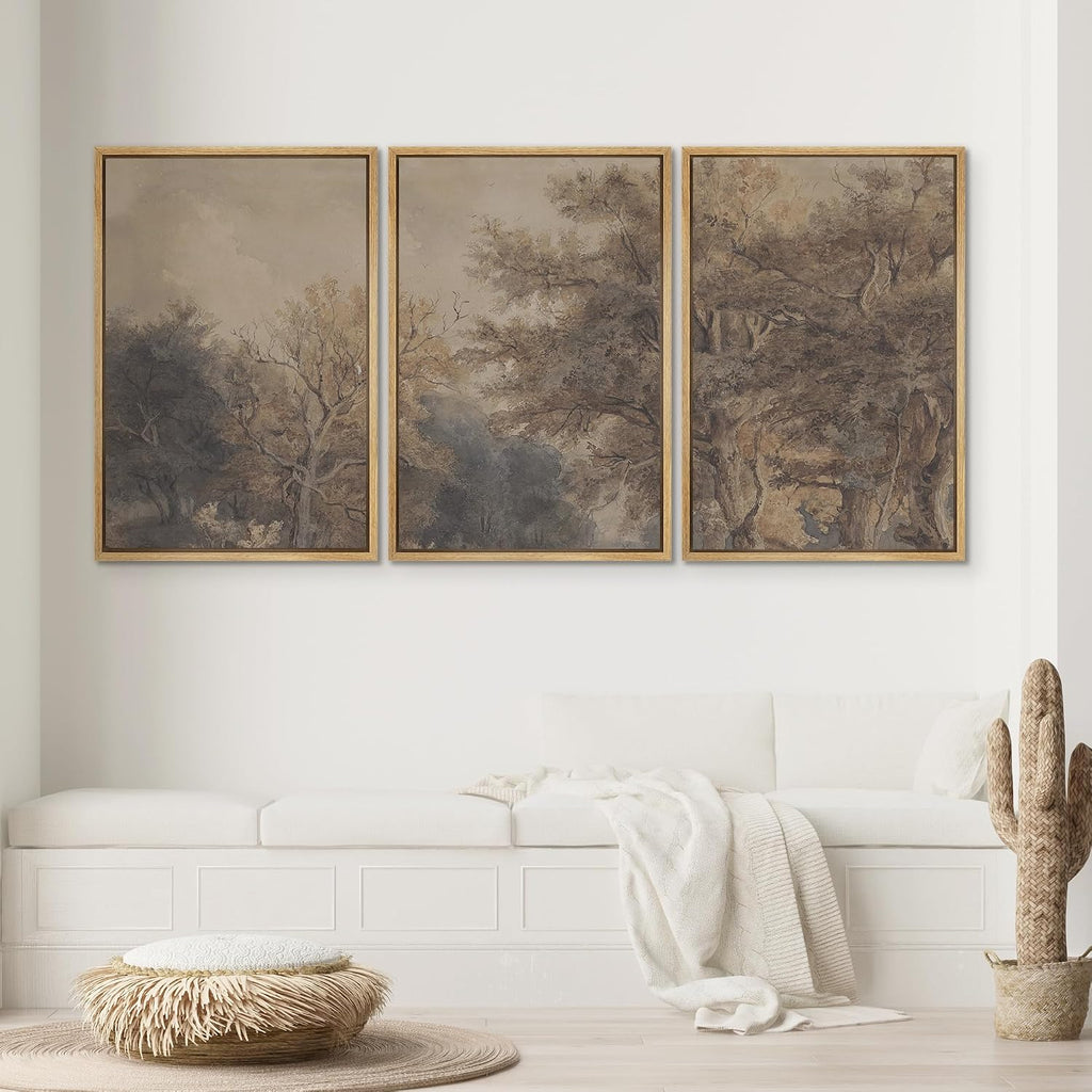 SIGNWIN Framed Canvas Print Wall Art Set Vintage Woodland Sketch Earth Tone Forest Tree Illustrations Modern Art Contemporary Minimal Ultra for Living Room, Bedroom, Office - 24'x36'x3 Natural