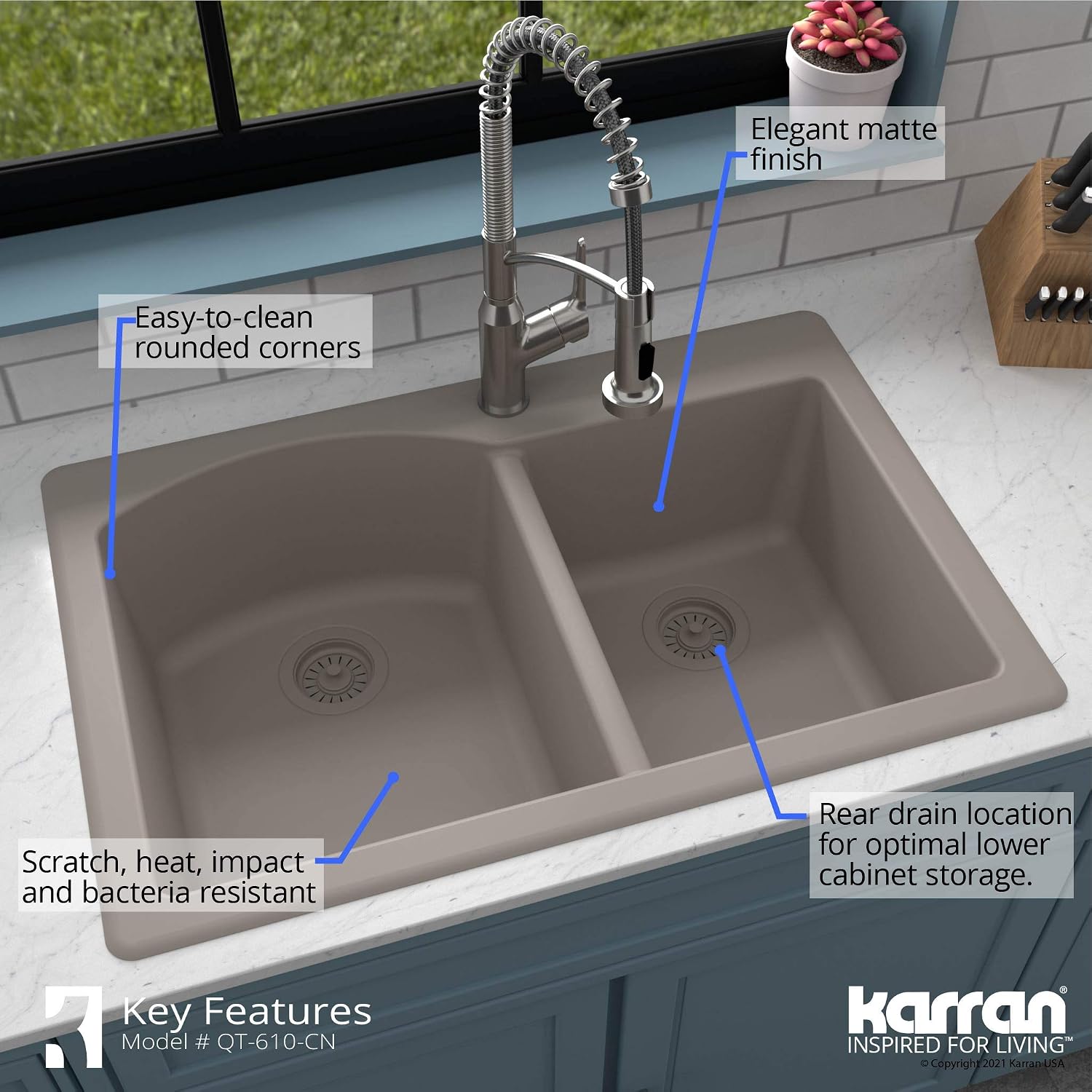 Karran 33' Drop-In/Top Mount Quartz Composite 1-Hole 60/40 Double Bowl Kitchen Sink in Concrete