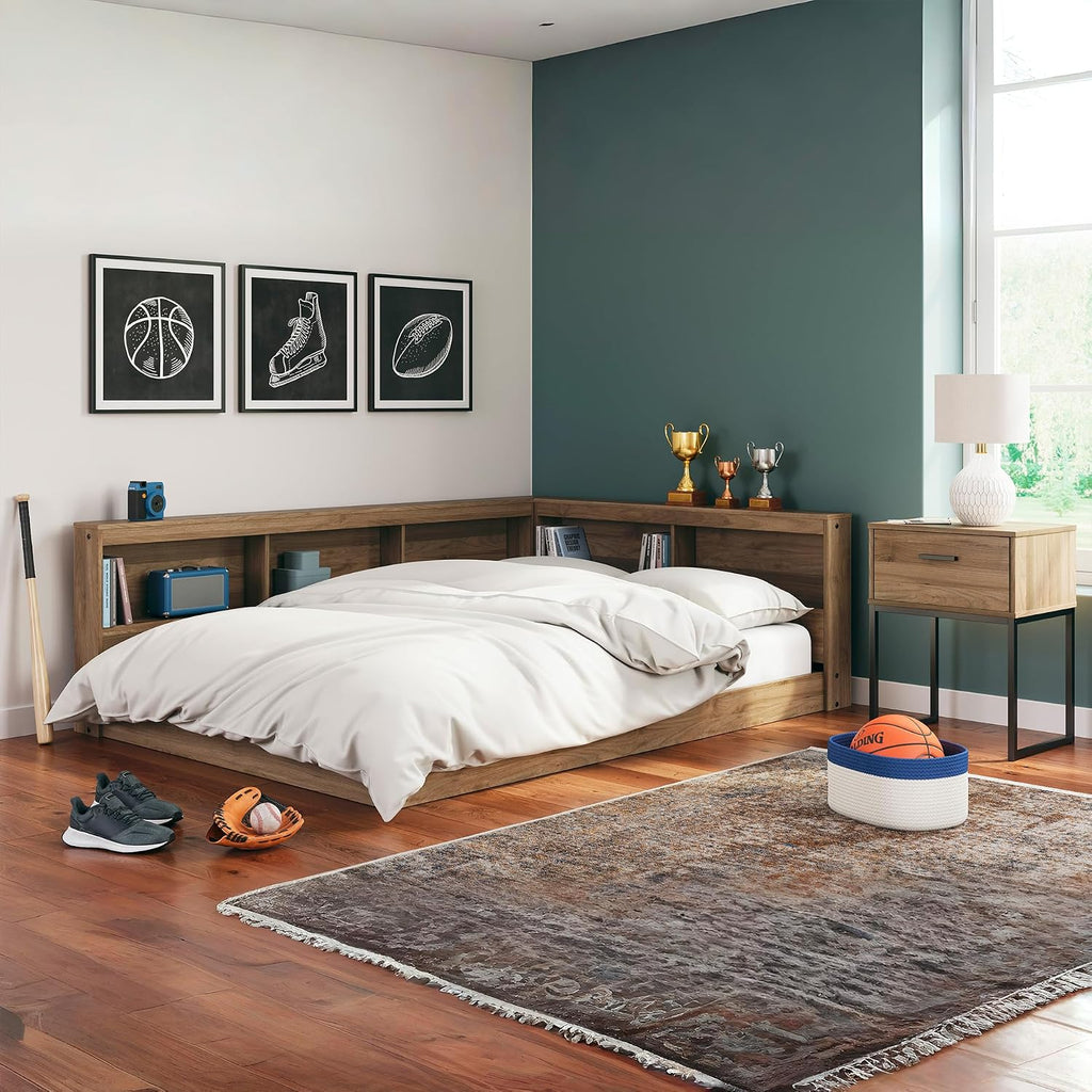 Signature Design by Ashley Deanlow Mid-Century Modern Full Bookcase Storage Floor Bed, No Foundation or Box Spring Needed, Wood, 26' High, Light Brown
