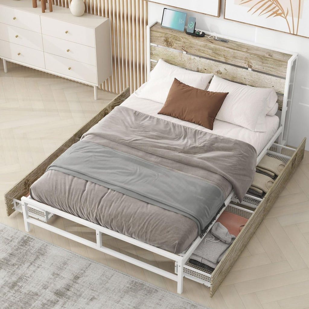 Rustic Wood Platform Bed Frame with 4-Drawer Storage, Charging Station Headboard, 12 Metal Slats, No Box Spring Needed, USB Ports & Outlets, Full Size Modern Bedroom Furniture Set