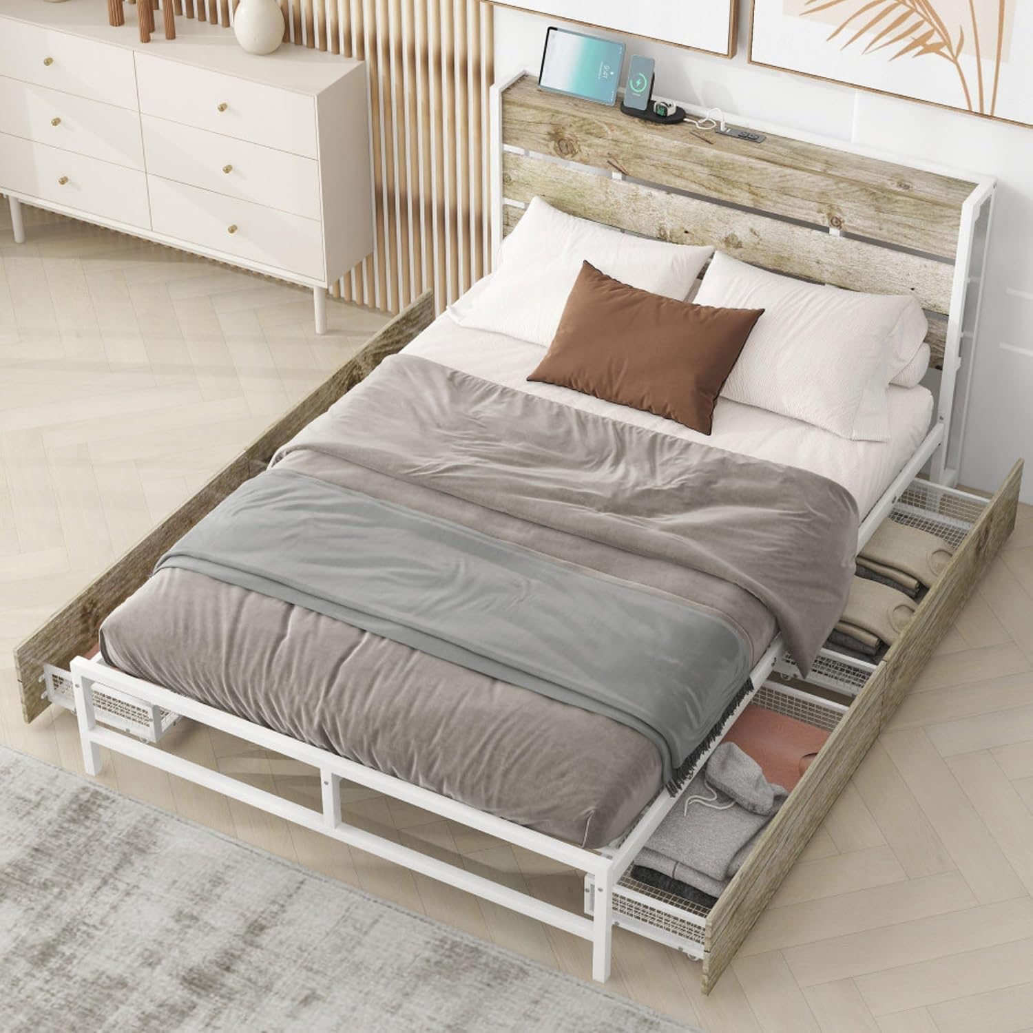 Rustic Wood Platform Bed Frame with 4-Drawer Storage, Charging Station Headboard, 12 Metal Slats, No Box Spring Needed, USB Ports & Outlets, Full Size Modern Bedroom Furniture Set