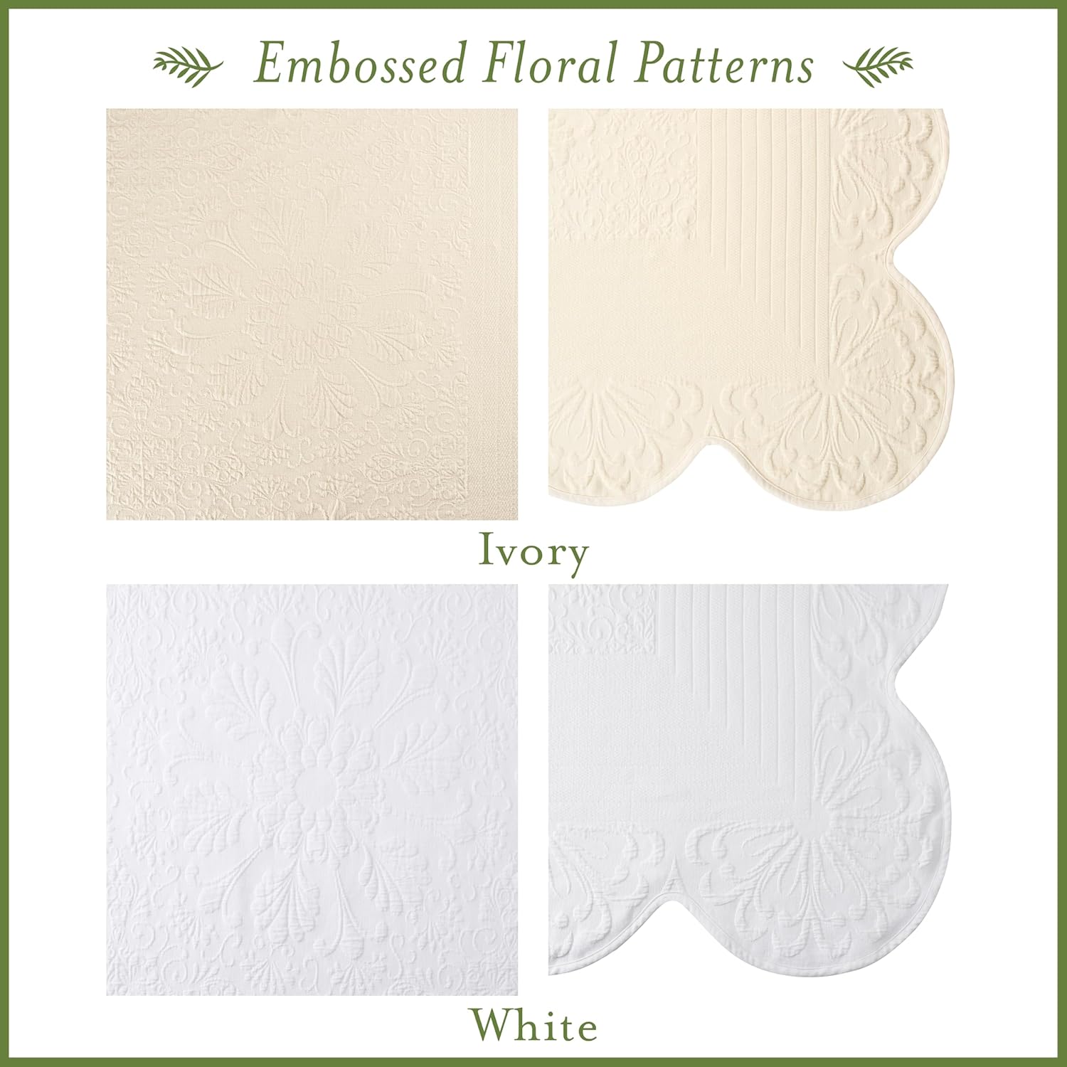 Charleston Estate Modern Farmhouse Floral Matelasse Bedspread with Scalloped Edges, 100% Cotton Breathable Bedding, Full/Queen, White Floral
