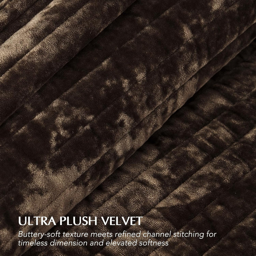 EVERGRACE Velvet Quilt Set California King 118'' x 106'', Luxurious Soft Striped Channel Bedding Set, Lightweight Velvet Comforter for All Season, Oversized Bedspread Coverlet w/ 2 Shams, Walnut Brown