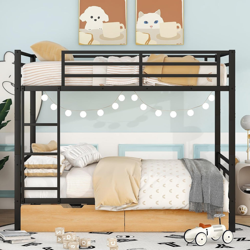 Metal Full Size Convertible Bunk Bed with 2 Drawers,Bed Frames W/Wood Slats Support The Mattresses,Easy to Assemble,for Kids Teens Girls Boys,Black
