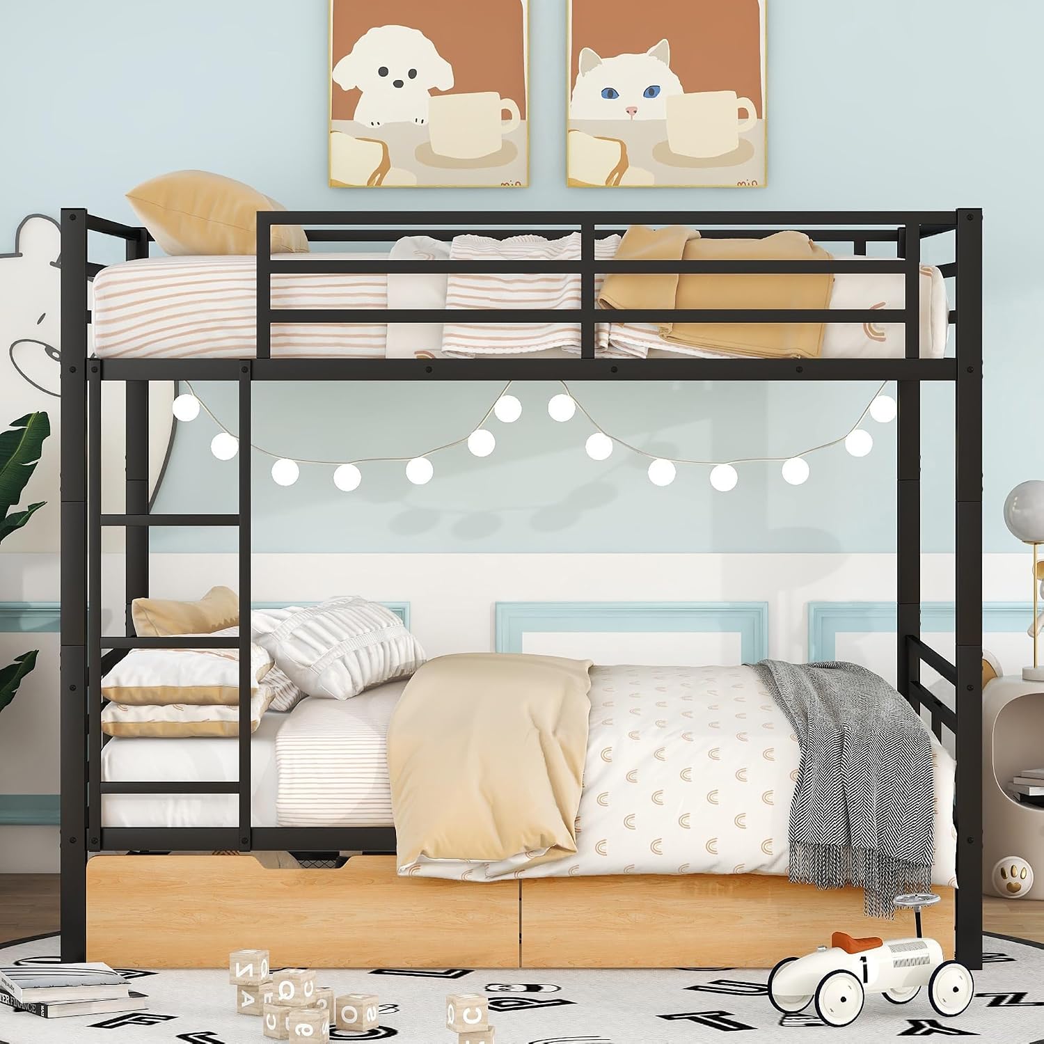 Metal Full Size Convertible Bunk Bed with 2 Drawers,Bed Frames W/Wood Slats Support The Mattresses,Easy to Assemble,for Kids Teens Girls Boys,Black