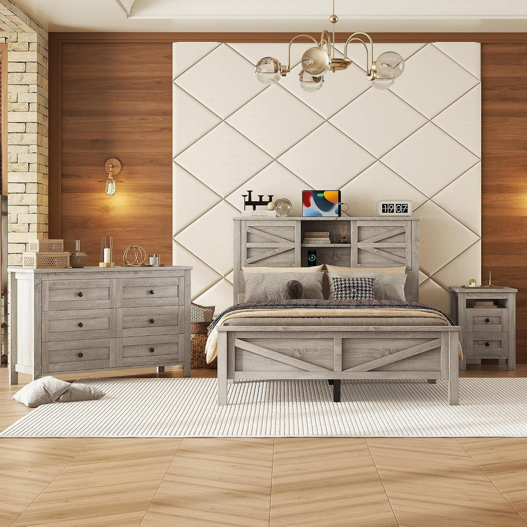 Full Size 3PCS Bedroom Sets, Platform Bed Frame with Double Sliding Door Storage Headboard and USB, 3-Pieces Bedroom Sets with Cabinet and Nightstands, Kids Adults, Gray